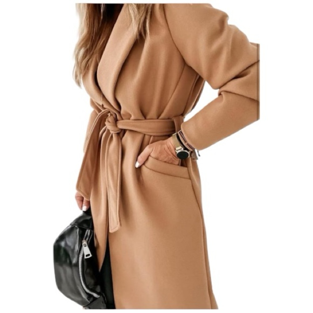 Tankaneo Camel Belted Long Coat Size XL Open Front Lapel Brand New - Picture 3 of 10